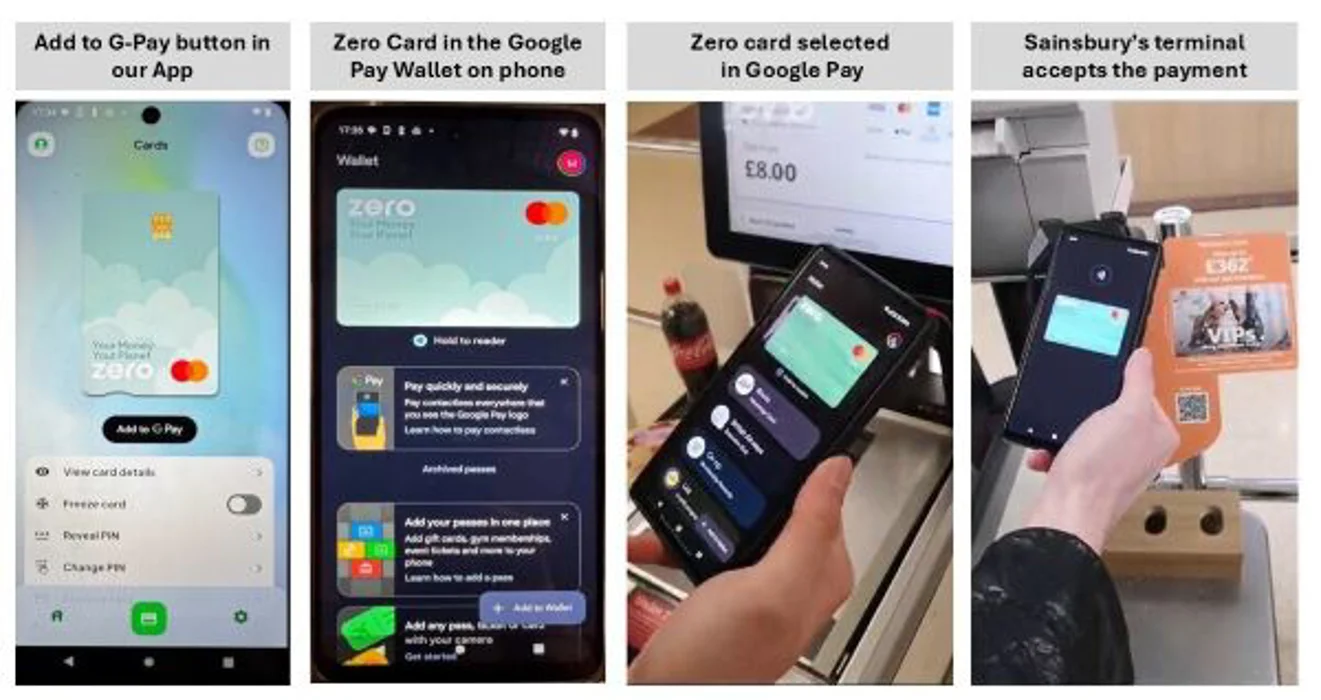 Image shows Zero card being used  through Google Pay to make a purchase